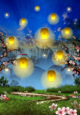 Kiraz çiçeği ağaçlar, dağ tapınak ve sarı fenerler