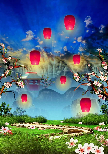 Flor Cerejeira Árvores Templo Montanha Lanternas Rosa — Fotografia de Stock