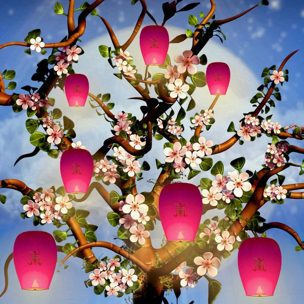 Cerejeira Flor Lanternas Rosa — Fotografia de Stock