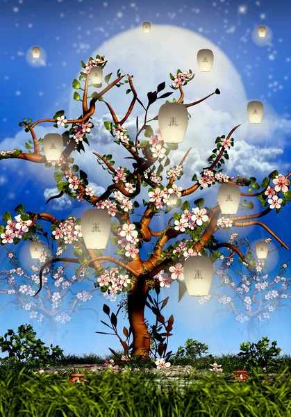 Cseresznye Virágzik Telihold Fehér Lámpák — Stock Fotó