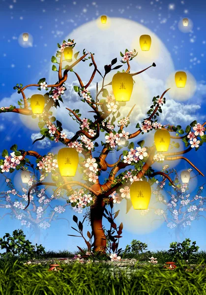 Cseresznye Virágzik Telihold Sárga Lámpák — Stock Fotó