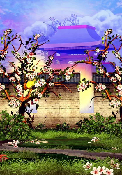 Hegyi Templom Tégla Fal Előtt Cseresznyevirág Fák — Stock Fotó