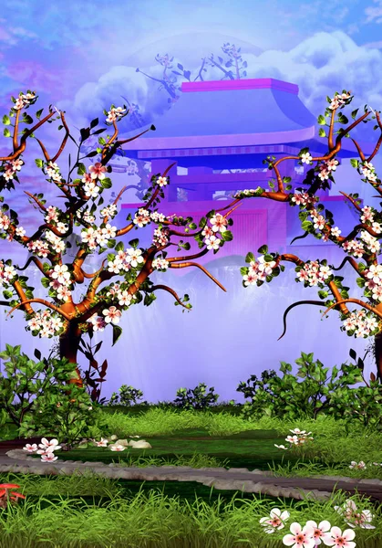 Hegyi Templom Előtt Cseresznyevirág Fák — Stock Fotó