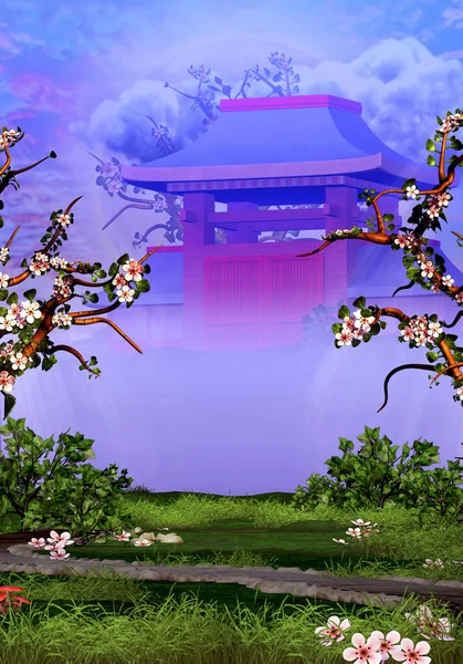 Cseresznyevirág Fák Templom Nyugodt Kert — Stock Fotó