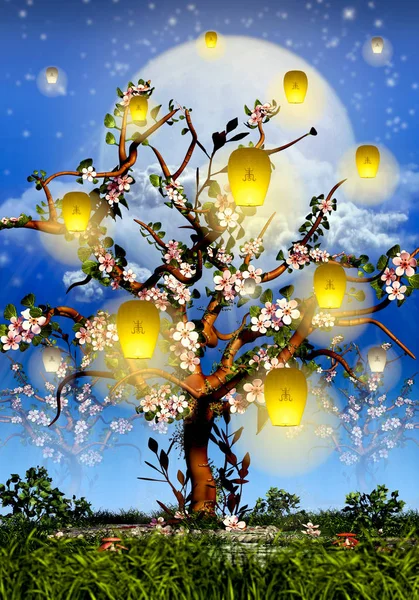 Cherry Tree Blossom Full Moon Yellow Lanterns Stock Photo