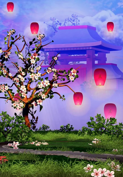 樱桃树开花 寺庙和粉红色灯笼 免版税图库图片