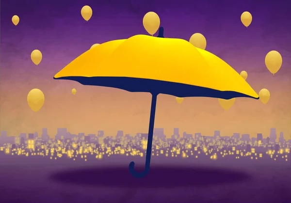 Desenhos Animados Skyline Fundo Pôr Sol Com Guarda Chuva Amarelo — Fotografia de Stock