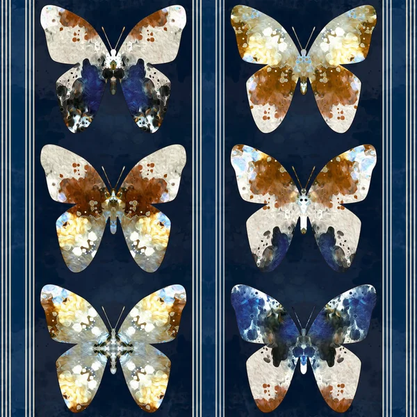 Papillon Motif Sans Couture Fond Rayé Bleu Marine Orange — Photo