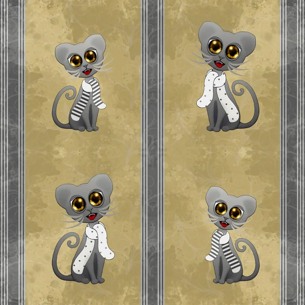 Cute Cats Striped Grey Ochre Background Pattern — Stock Photo, Image