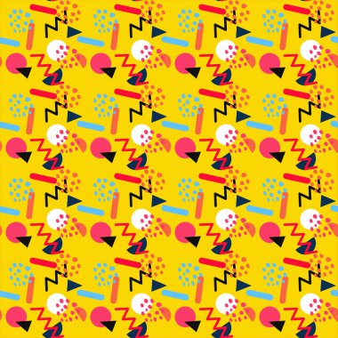 Memphis Stil Desen. Baskılar, el ilanları, afişler, davetiyeler, özel teklif ve sosyal medya için mükemmel soyut arka plan tasarımı.