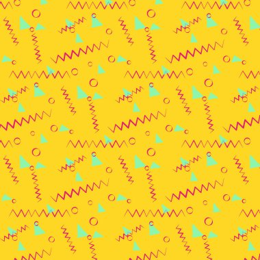 Yeşil üçgen, pembe daire ve parlak sarı arka plan üzerinde zikzak ile el yapımı vektör modern desen. Afiş, tekstil, kumaş, duvar kağıdı, poster, el ilanları ve sosyal medyada kullanıma hazır.