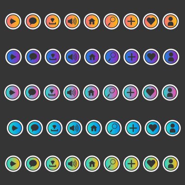 Modern vektör simgesi seti, farklıde degrade arka plan ve beyaz çerçeve ile siyah renkli. Web veya mobil tasarımınız için.