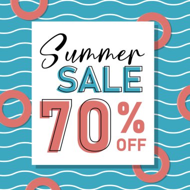 El yazması ve baskı yazı tipi ile Yaz satış afiş. Su ve şişme yüzme havuzu halka arka plan ile. Mavi, pembe, siyah ve beyaz renklerde. Sosyal medyada ve afişlerde kullanıma hazır.