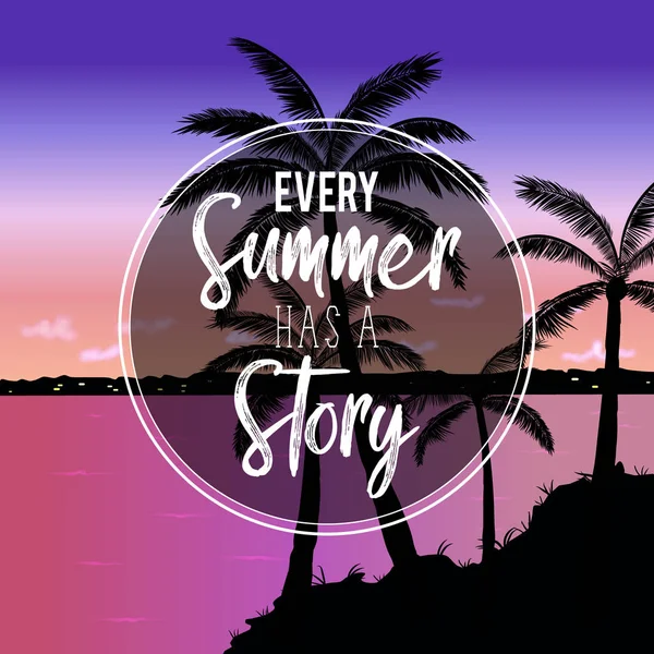 ヤシの木と夏の熱帯海岸の夕日の風景 オレンジ ピンクの色で 手書きと印刷フォントで 毎年夏には物語がある というテキストで — ストックベクタ