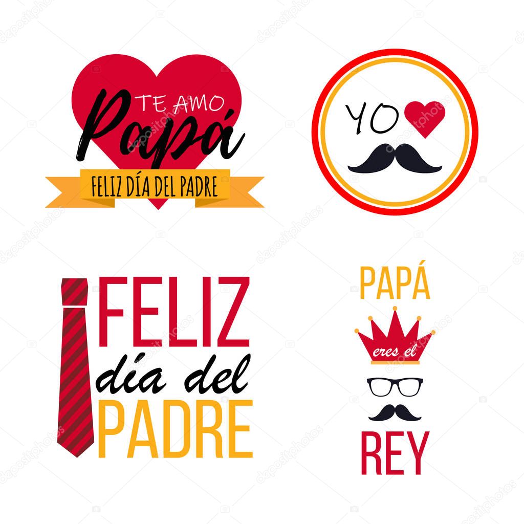 Collection of happy father's day greeting in spanish. With differents graphic elements like mustaches, hearts, crown and tie. Ready to use in shirts, wallpapers, banners, social media, posters, fabric