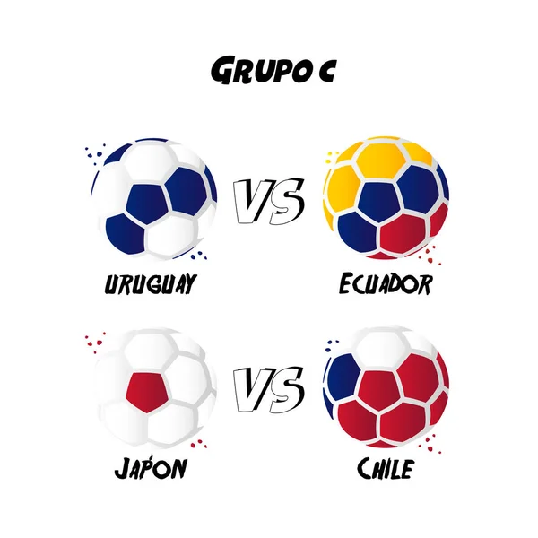 Versus of Soccer Ball between the countries of Uruguay, Ecuador, Japan and Chile with the colors of their flags. Conmeball Copa America 2019 in Brazil.