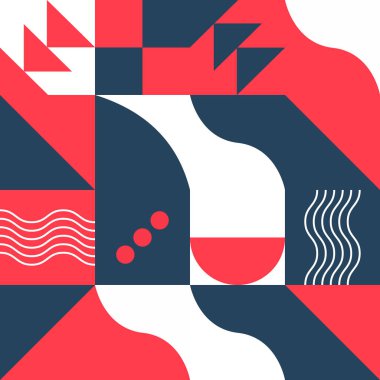 Renkli geometrik minimalist sanat basit şekil ve şekil, kırmızı, beyaz ve mavi renklerde. Soyut vektör desen sanat, tekstil, afiş, sosyal medya, marka paketi, kumaş.