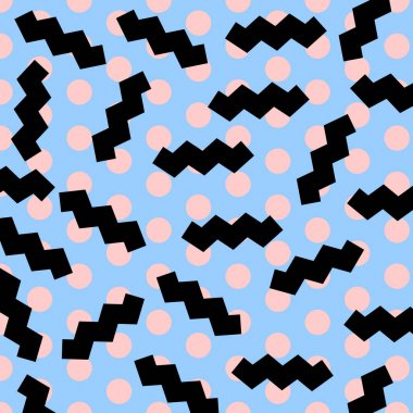 Memphis pattern with simple shapes like pink circles and black zig zags, with blue background color. Ready to use in banners, social media, textile, package, fabric, wallpaper, advertising and flyers. clipart