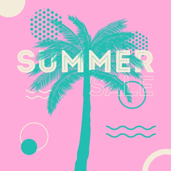 Summer Sale Banner Green Palm Tree Leafs Pink Green Background — Stock Vector