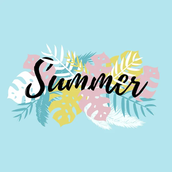 Summer Sale Banner Green Palm Tree Leafs Pink Green Background — Stock Vector