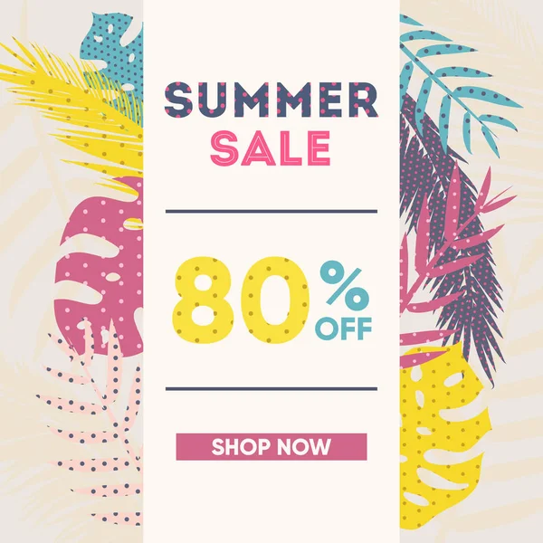 Yeşil palmiye ağacı yaprakları ile Yaz satış afiş, dalgalar ile pembe ve yeşil arka plan üzerinde. Sosyal medya, afiş, el ilanları, duvar kağıtları, ambalaj, tekstil, kumaş ve reklam kullanıma hazır.