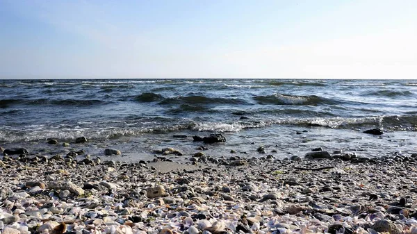 从海滩上欣赏海浪的正面景色 海滩上有鹅卵石 — 图库照片