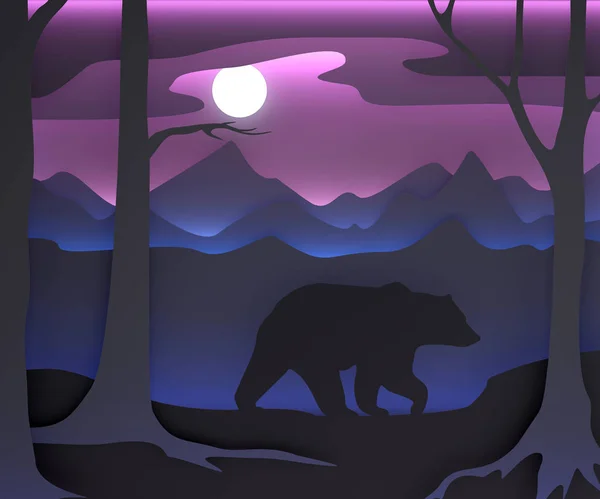 Three-dimensional composition with a bear and the moon. Fairy forest.