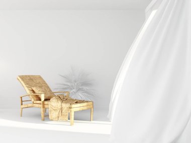 Spa 'Da hafif perdeler bulunan aydınlık beyaz odanın içinde boş bir altın salon koltuğu boş. Spa uygulamaları, banyolar ve havuzda yüzme sonrası rahatlatıcı müşteriler için şezlong. 3B işleme.