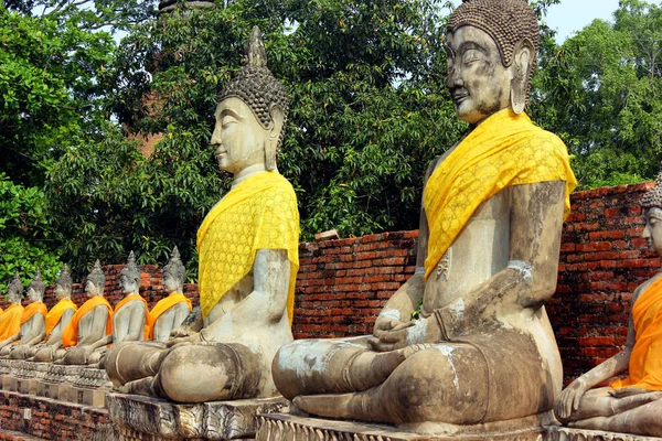 Antiguas estatuas de buda meditante sentada, en el antiguo templo de Wat Yai Chaimongkol en Ayutthaya, Tailandia . —  Fotos de Stock