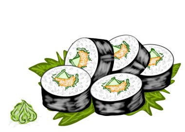 Japon gıda tarzı, Fesleğen yaprakları ve wasabi Asya restoran menüsü (Maki suşi), El çizilmiş, Koleksiyon gıda konsepti için beyaz arka plan izole grup suşi rulo Top görünümü