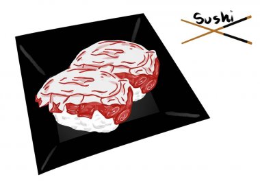 Japon gıda tarzı, Kalamar suşi veya Tako suşi siyah plaka Asya restoran menüsü için beyaz arka plan izole, El çizilmiş, Koleksiyon gıda kavramı