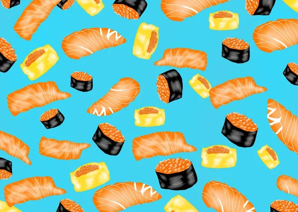 Japanese food style, Hand drawn of Salmon sashimi, Salmon Ikura and Tamago ebiko yaki  seamless pattern on blue background, Great for menu, Collection food concept, for background uses, mixed sushi