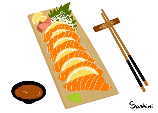 Japanese Food Style Salmon Sashimi Lemon Slices Wooden Plate Isolated — Stock Photo, Image