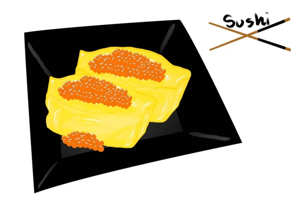 日本美食风格 塔马戈寿司的顶视图与贝卢加鱼子酱在黑色盘子上隔离在白色背景为亚洲餐厅菜单 手工绘制 收集食物概念 Tamago Ebiko Yaki — 图库照片