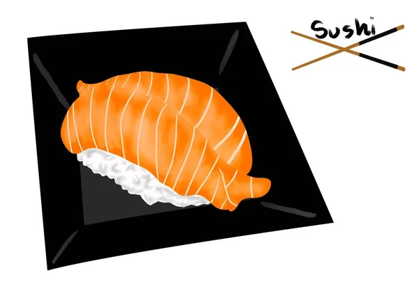 Japán Élelmiszer Stílus Sushi Lazac Citrommal Szeletelve Fekete Lemez Elszigetelt — Stock Fotó