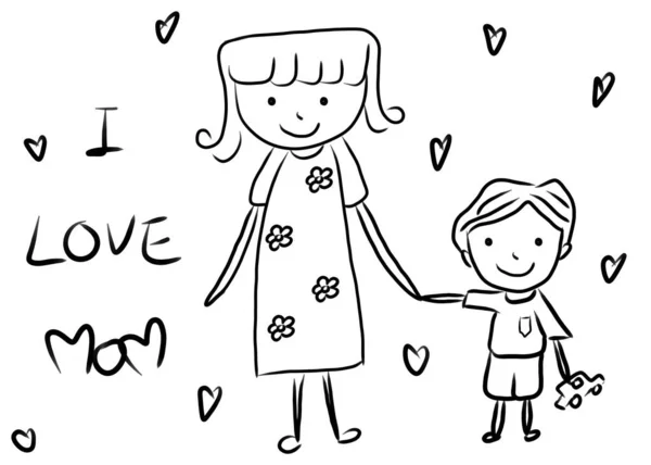 Hand drawn, Cartoon of mother and child isolated on white background, Mothers day concept