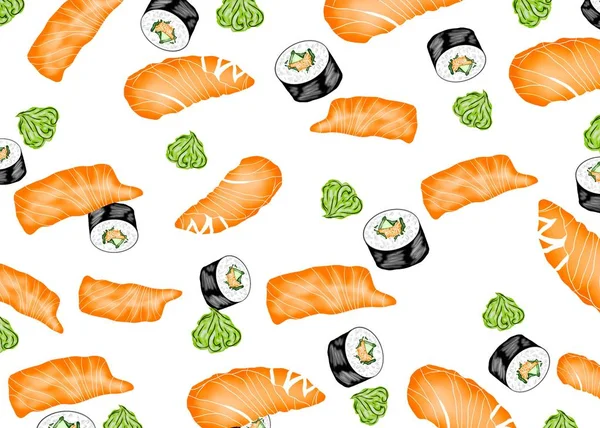 Japán Élelmiszer Stílus Kézzel Rajzolt Lazac Sashimi Maki Sushi Wasabi — Stock Fotó