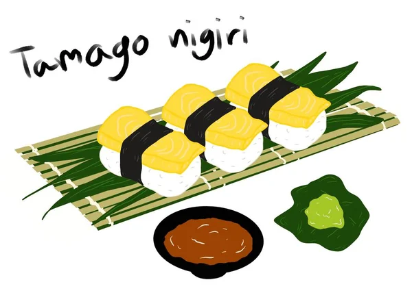 Style Alimentaire Japonais Tamago Sushi Sur Plaque Bambou Isolé Sur — Photo