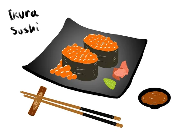 Japanese Food Style Sushi Roll Sprinkled Beluga Caviar Black Plate — Stock Photo, Image