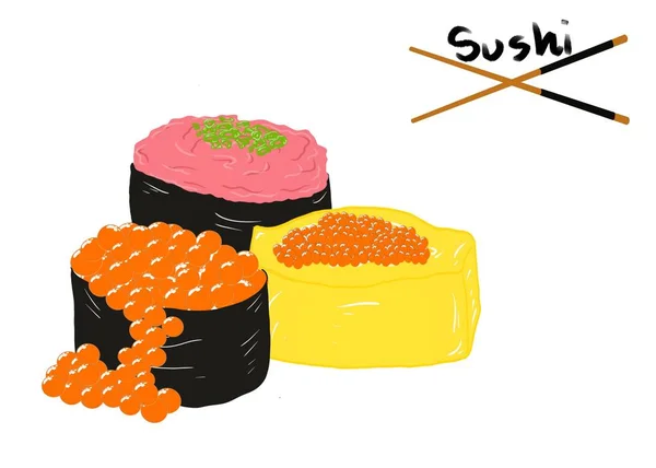 日本の食べ物スタイル アジア料理メニューの白い背景に隔離された寿司のセット 手描き コレクション食品コンセプト たまごえびこ焼き イクラ寿司 根木トロ — ストック写真