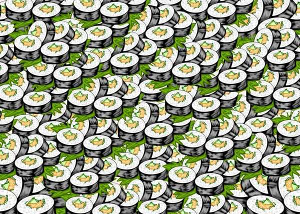 Japanese food style, Hand drawn of Maki sushi or sushi roll on Basil leaves seamless pattern, Great for menu, Collection food concept, for background uses