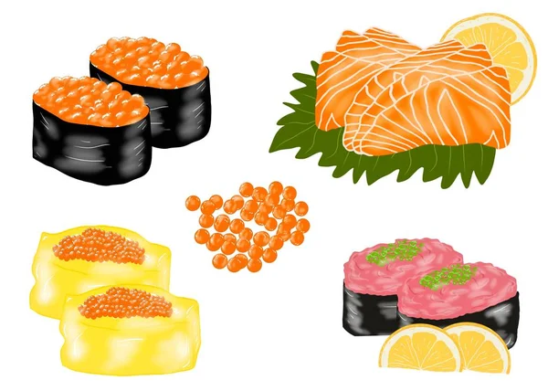 Style Alimentaire Japonais Ensemble Sushi Isolé Sur Fond Blanc Pour — Photo