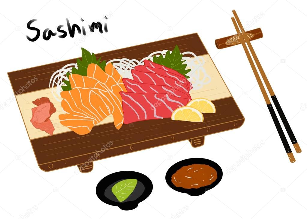 Japanese food style, Salmon and tuna sliced on wooden tray isolated on white background for Asian restaurant menu, Hand drawn, Collection food concept (Sashimi)