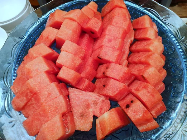 Top View Armelon Plate Restaurant Ready Eat Serve Citrullus Lanatus — стоковое фото