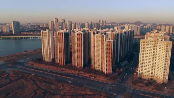Aerial Vow Incheon Suth Korea Riverside Downtown District — стоковое видео