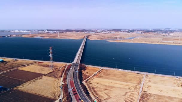 Luftaufnahme Straßenbrücke Über Fluss Südkorea Auflösung Oben Luftaufnahme Architektur — Stockvideo