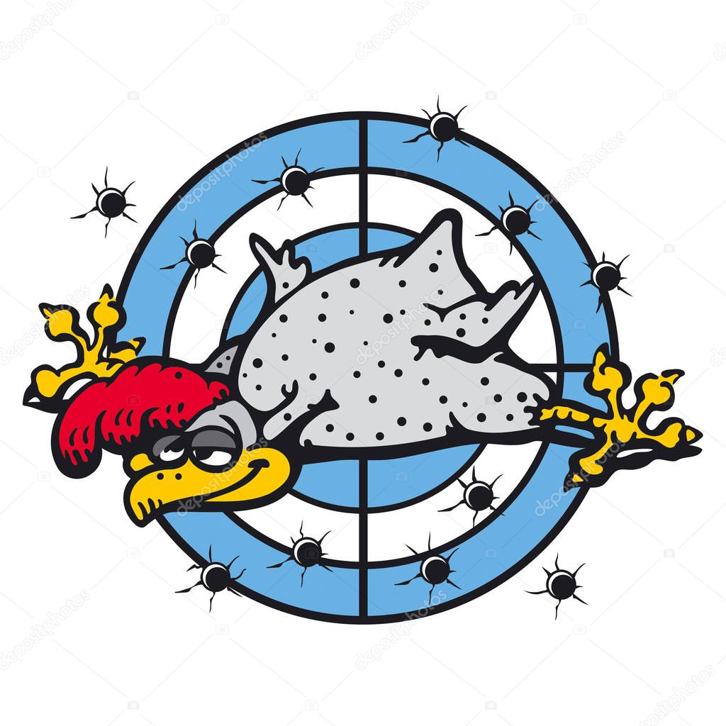 Rooster grey on the blue target with hole of the bullet
