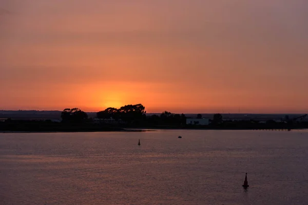 Coucher Soleil Huelva Vue Depuis Ria Del Odiel Huelva Andalousie — Photo