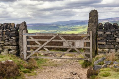 Batı Yorkshire'da İlkley ve Addingham arasındaki Dales High Way'de yürüyüş, Gamalı Haç Taşı ve İlkley Moor'u gösteriyor.. 