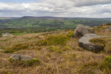 Batı Yorkshire'da İlkley ve Addingham arasındaki Dales High Way'de yürüyüş, Gamalı Haç Taşı ve İlkley Moor'u gösteriyor.. 